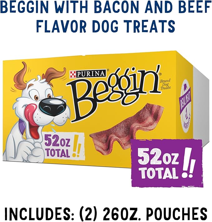 Purina Beggin' Strips with Real Meat Dog Treats with Bacon and Beef Flavors - 26 oz. Pouches,(Pack of 4)
