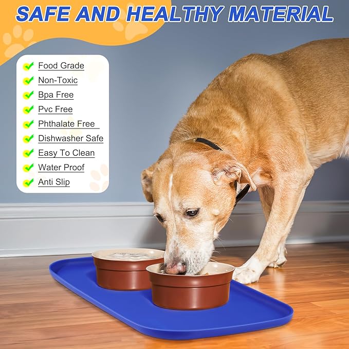SMILOOL Silicone Pet Feeding Mat with Raised Edge for Food and Water, Dog Bowl Mats, Cat Bowls Placemat with High Lip for Floor Waterproof, Rubber Tray for Cats and Dogs 19 x 12 x0.7 Navy Blue