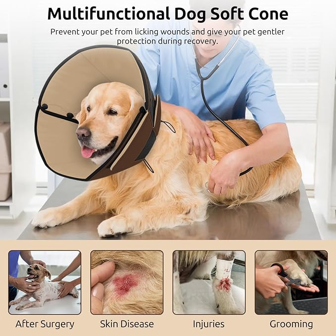 Queenmore Dog Cones for Small Dogs, Soft Cone for Dogs After Surgery, Adjustable Comfy Cone for Dogs & Cats, Comfortable Pet Cone After Surgery for Wound Healing, Brown S