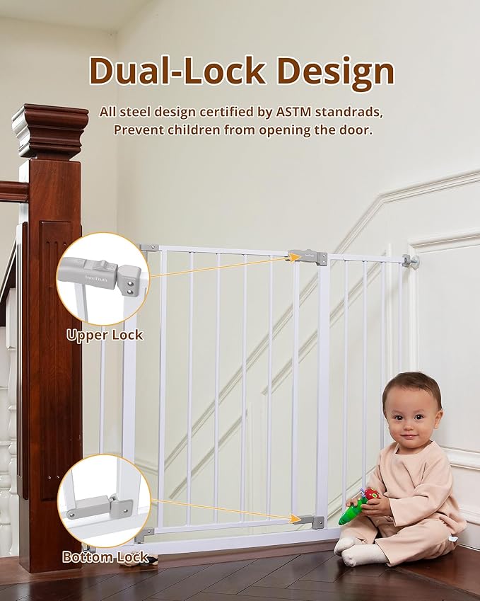 InnoTruth 28.9-42.1" Wide Baby Gate for Stairs & Doorways, 30" Tall Pressure Mounted Dog Gates for Stairs Expandable One-Hand Open, Easy Step Walk Through Dual Lock Metal Pet Gates for Dogs, White