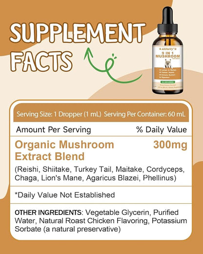 9 in 1 Mushroom Supplement for Dogs - Turkey Tail Mushroom for Dogs - Dog Lumps and Bumps Treatment - Digestive, Cellular, Immune Health Support - Reishi, Lions Mane, Shiitake - Roast Chicken Flavor
