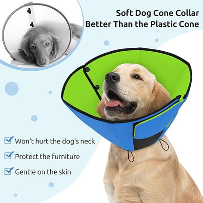 Queenmore Dog Cones for Small Dogs, Soft Cone for Dogs After Surgery, Adjustable Comfy Cone for Dogs & Cats, Comfortable Pet Cone After Surgery for Wound Healing, Blue&Green S