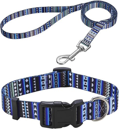 Mihqy Dog Collar and Leash Set with Bohemia Floral Tribal Geometric Patterns - Soft Ethnic Style Collar Adjustable for Small Medium Large Dogs(Bohemian Blue Set,M)
