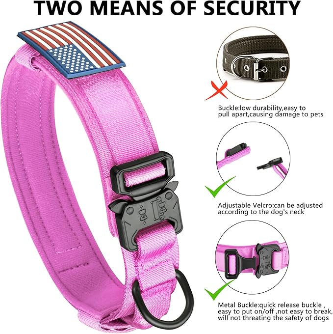 DAGANXI Tactical Dog Collar, Adjustable Military Training Nylon Dog Collar with Control Handle and Heavy Metal Buckle for Medium and Large Dogs, with Patches and Airtags Case (XL, Pink)