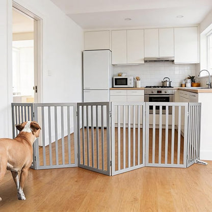 ZJSF Freestanding Indoor Dog Gate for House Foldable Wood Puppy Gate for Doorways Pet Gate for Stairs Extra Wide Pet Fence, Grey, 32" Height 6 Panels