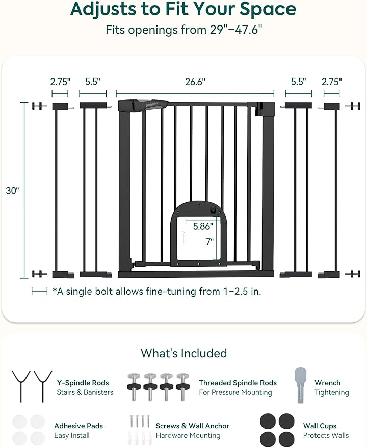 Babelio Upgraded Baby Gate with Cat Door, Auto Close Durable Dog Gate for Stairs, Doorways and House, Easy Walk Thru Safety Gate with Pet Door Includes 4 Wall Cups, 29-48" Wide, 30" Tall, Black