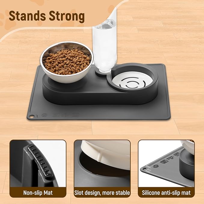 Marchul 2-in-1 Dog Bowl, Elevated Cat Food and Water Bowl with No-Spill Mat, 15° Tilt Stainless Steel Dish + 500ml Leak-Proof Bottle, Easy Clean Design