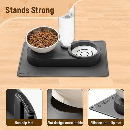 Marchul 2-in-1 Dog Bowl, Elevated Cat Food and Water Bowl with No-Spill Mat, 15° Tilt Stainless Steel Dish + 500ml Leak-Proof Bottle, Easy Clean Design