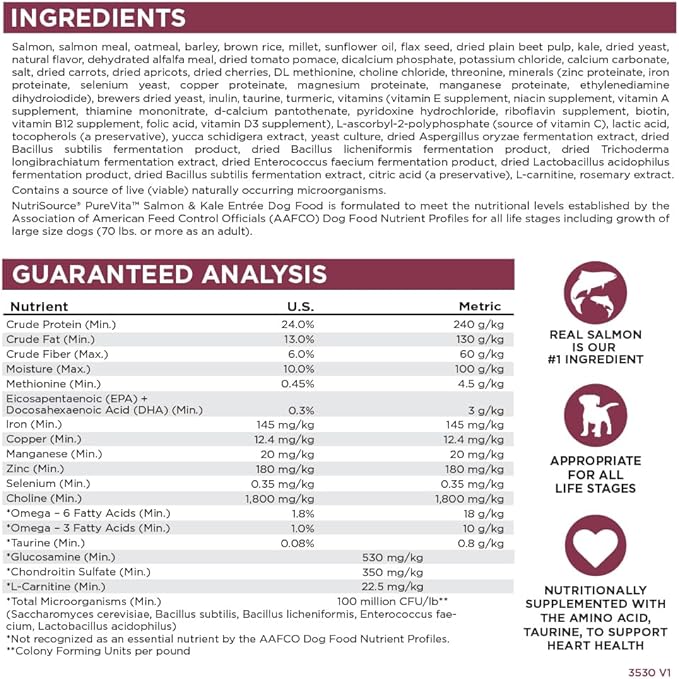 NutriSource Pure Vita Salmon & Kale Dog Food, 12LB