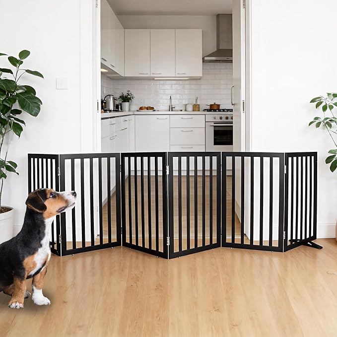 Dog Gate Indoor, Freestanding Dog Fence for The House, Doorways, Hallways,or Stairs,Pet Gate Foldable Wooden,Expandable 32" Height 6 Panels,Black