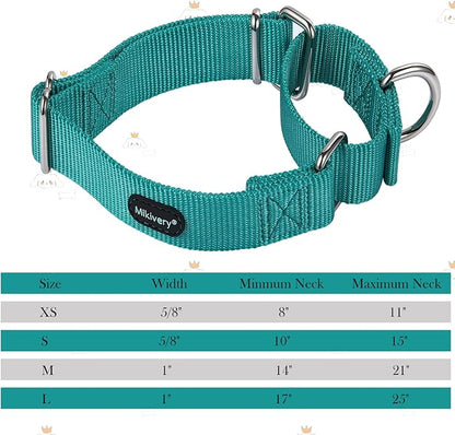 Mikivery Martingale Dog Collar Nylon Adjustable and Safety Training Colourful Comfortable Metal Buckle Pet Collars for Small Medium and Large Dogs(Teal,L)
