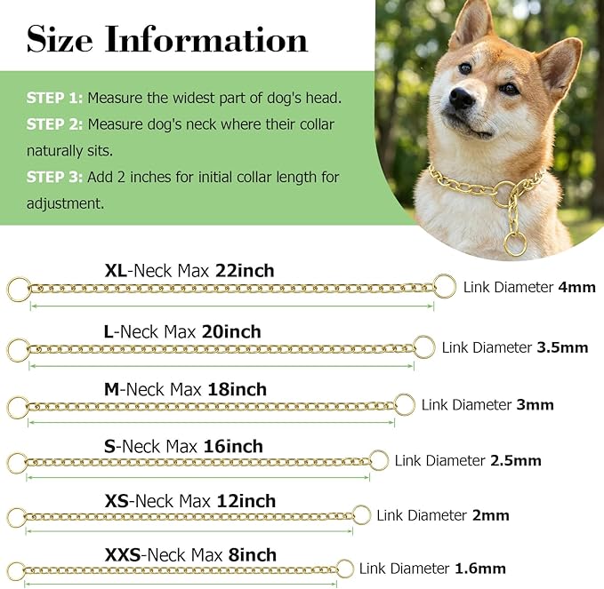 Dog Chain Collars, Metal Slip Link Training Heavy Duty Dog Choker Collar Martingale Puppy Collars for XS Small Medium Large Big XL Breed Dogs (Gold, XL(Neck Max 22inch) D4.0mm)