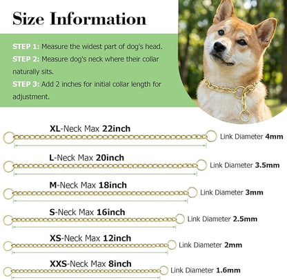Chain Choke Collar for Dogs, Metal Choke Link Dog Collar Choker Training Heavy Duty Slip Martingale Puppy Collars for XS Small Medium Large Big XL Breed Dogs (Gold, L(Neck Max 20inch) D3.5mm)