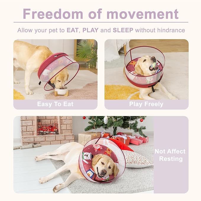 Soft Cone Collar With Guard Shield for Dogs - Inflatable Surgery Recovery Donut, Prevents Licking Wounds and Stitches, Does Not Block View (Xmas Elf, Medium+)