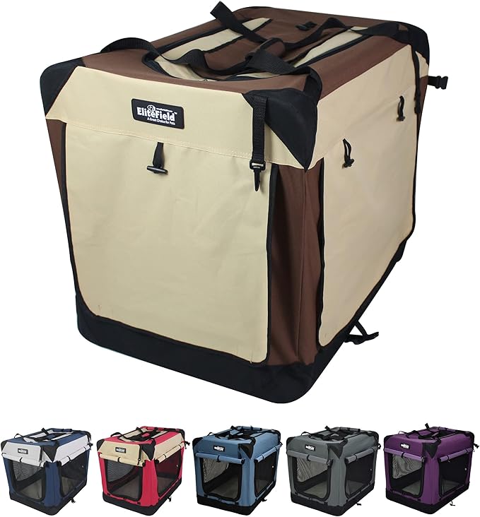 EliteField 4-Door Folding Soft Dog Crate with Curtains, Carrying Bag and Fleece Bed (2 Year Warranty), Indoor & Outdoor Pet Home (24" L x 18" W x 21" H, Brown+Beige)