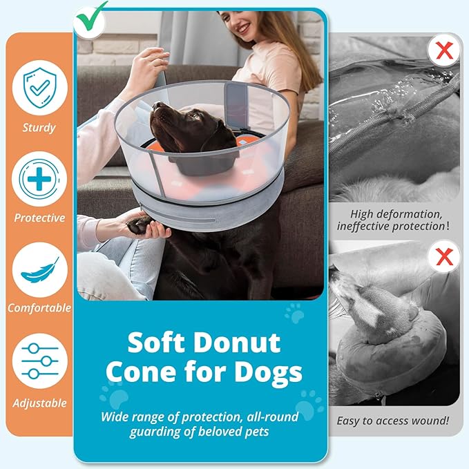 Inflatable Dog Cone with Transparent Shield, Protective Dog Donut Collar After Surgery to Stop Licking, Soft Donut Cone for Large Pets, Adjustable Recovery Collar with Buckle Visibility