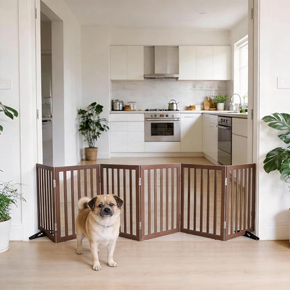 Dog Gate Indoor, Freestanding Dog Fence for The House, Doorways, Hallways,or Stairs,Pet Gate Foldable Wooden,Expandable 24" Height 6 Panels,Brown