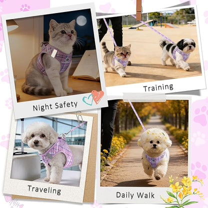 Gyuzh Dog Harness and Leash Set, 3-in-1 Step in No Pull Harness Vest Collar for Small Dogs & Cats, Lightweight Breathable Mesh Reflective Plaid with Padded Handle (Purple, L)