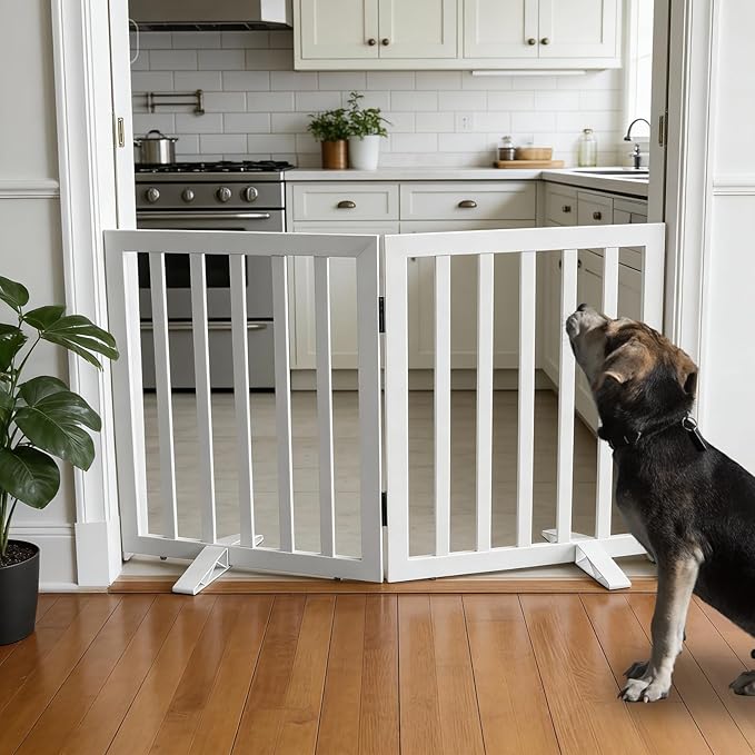 Dog Gate Indoor, Freestanding Dog Fence for The House, Doorways, Hallways,or Stairs,Pet Gate Foldable Wooden,Expandable 24" Height 2 Panels,White