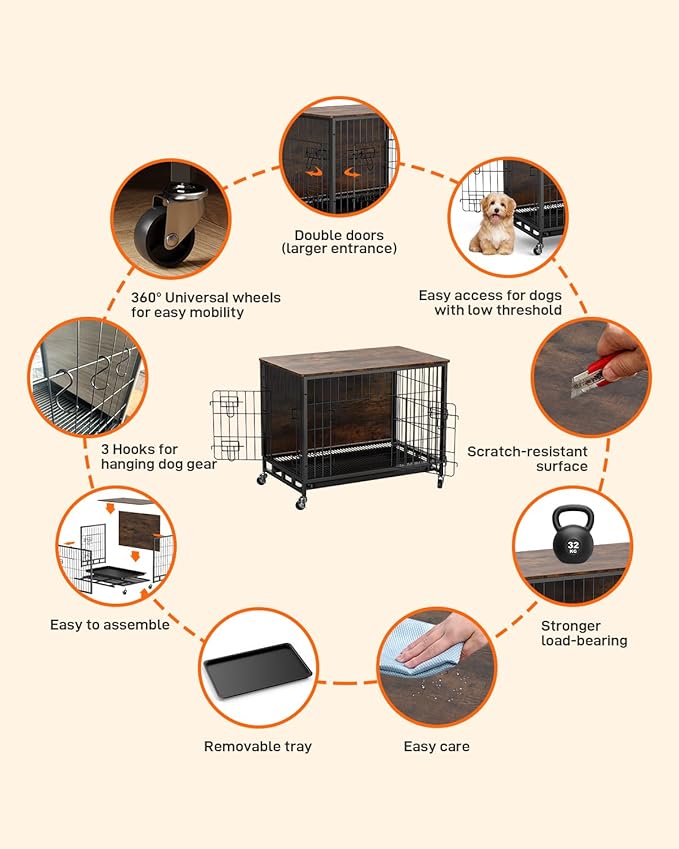Furniture Style Dog Crate With Removable Tray and Wheels, 2024 New Heavy-Duty Double-Doors Cage End Table, 27.2" Wooden Kennel, Indoor House for Large Dogs, Brown