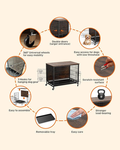 Furniture Style Dog Crate With Removable Tray and Wheels, 2024 New Heavy-Duty Double-Doors Cage End Table, 27.2" Wooden Kennel, Indoor House for Large Dogs, Brown