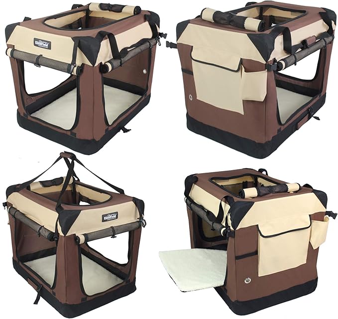 EliteField 4-Door Folding Soft Dog Crate with Curtains, Carrying Bag and Fleece Bed (2 Year Warranty), Indoor & Outdoor Pet Home (24" L x 18" W x 21" H, Brown+Beige)