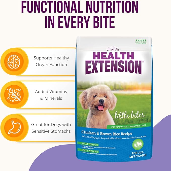 Health Extension Little Bites Dry Dog Food for Toy and Small Breeds, Chicken & Brown Rice Recipe, with Probiotics & Superfoods for Digestion & Coat Health, 30 lb Bag