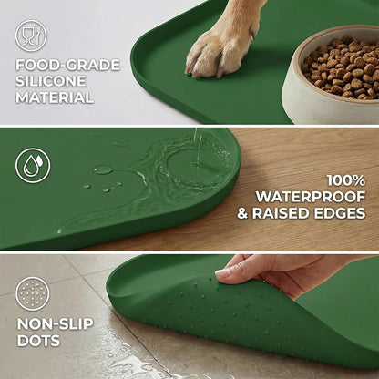 BLESWIN Waterproof Silicone Pet Feeding Mat Green with Raised Edge,24" x 16"Non-Skid Spill Proof Dog Bowl Mats, Easy Clean Cat Bowls Placemat for Cats and Dogs