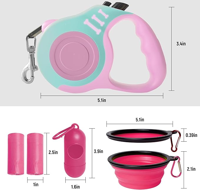 Retractable Dog Leash Automatic Telescopic Tractor Dog Tape, Pet Tape 10/16 FT Durable and Convenient, with Folding Bowl, Dispenser, Rubbish Bags, Suitable for Small and Medium Dogs