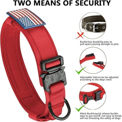 DAGANXI Tactical Dog Collar, Adjustable Military Training Nylon Dog Collar with Control Handle and Heavy Metal Buckle for Medium and Large Dogs, with Patches and Airtags Case (Red, M)