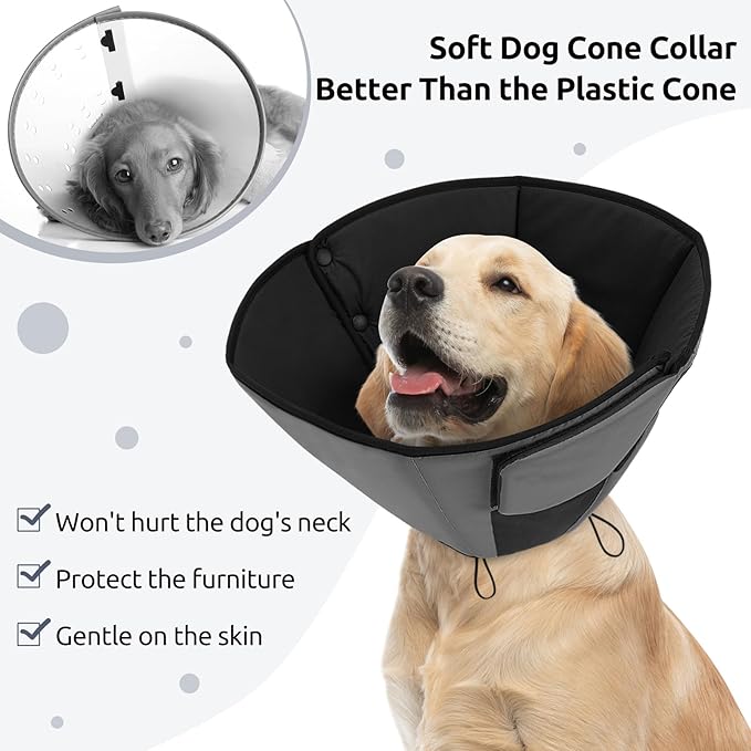 Queenmore Dog Cones for Small Dogs, Soft Cone for Dogs After Surgery, Adjustable Comfy Cone for Dogs & Cats, Comfortable Pet Cone After Surgery for Wound Healing, Grey S