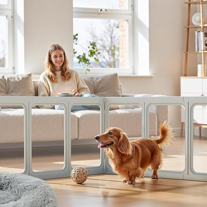 Clear Acrylic Dog Playpen - 30.4 x 30.4 Inch, 24" H 8 Planes Transparent Dog Fence Indoor, Sturdy Pet Pen for Puppy/Small Dog/Rabbit/Pig, Easy Assemble & Cleaning Plastic Whelping Box Enclosure, Grey