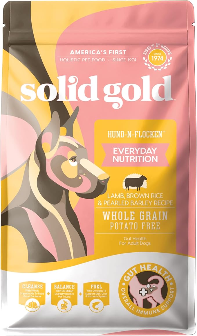 Solid Gold Lamb Dog Food Dry for Adult & Senior Dogs– High Protein Healthy Dog Kibble for Medium & Large Breeds – Whole Grain, Omega 3 & Digestive Probiotics for Gut Health & Everyday Nutrition – 4 LB