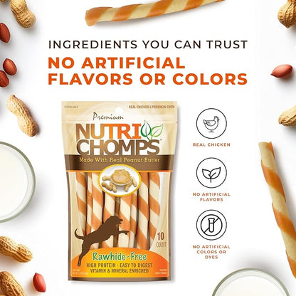 NutriChomps Dog Chews 5-inch Twists, Easy to Digest, Rawhide-Free Dog Treats, 10 Count, Real Peanut Butter flavor (Packaging May Vary)