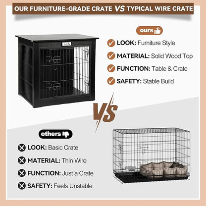 Black Dog Crate Furniture with Reversible Side Door, Wooden Indoor Dog Kennel for Small Medium Dogs, End Table Dog Crate with Double Locks, Heavy Duty Steel Mesh Furniture Style Dog Cage