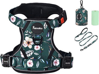 Petmolico No Pull Dog Harness Set with Leash Attachment Easy Control Handle Reflective Harness Vest Small Breed, Puppy Vest and Leash Set with Poop Bag Holder, Small - Green Rhododendron