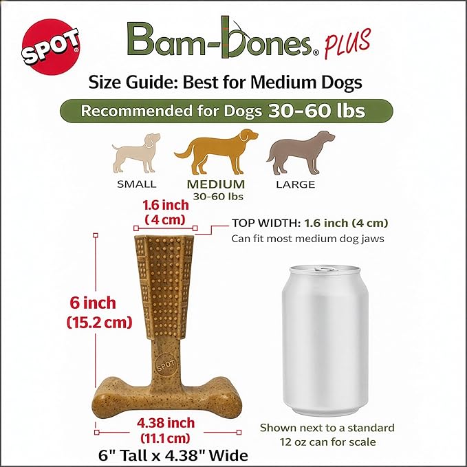SPOT Bam-Bones Plus T-Bone Dog Chew Toy, Bamboo Fiber & Nylon, Chicken Flavor, Durable Non-Splintering Chew for Moderate to Aggressive Chewers, Dogs 30-60 lbs, 6 Inch