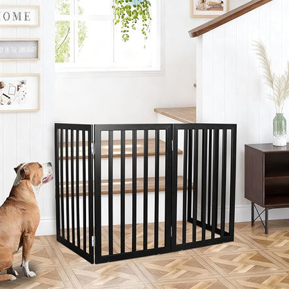 ZJSF Freestanding Indoor Dog Gate for House Foldable Wood Black Puppy Gate for Doorways Pet Gate for Stairs Extra Wide Pet Fence 32" Height 4 Panels