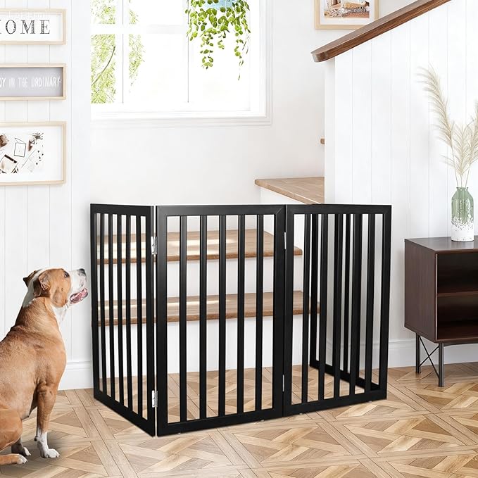ZJSF Freestanding Indoor Dog Gate for House Foldable Wood Black Puppy Gate for Doorways Pet Gate for Stairs Extra Wide Pet Fence 24" Height 3 Panels