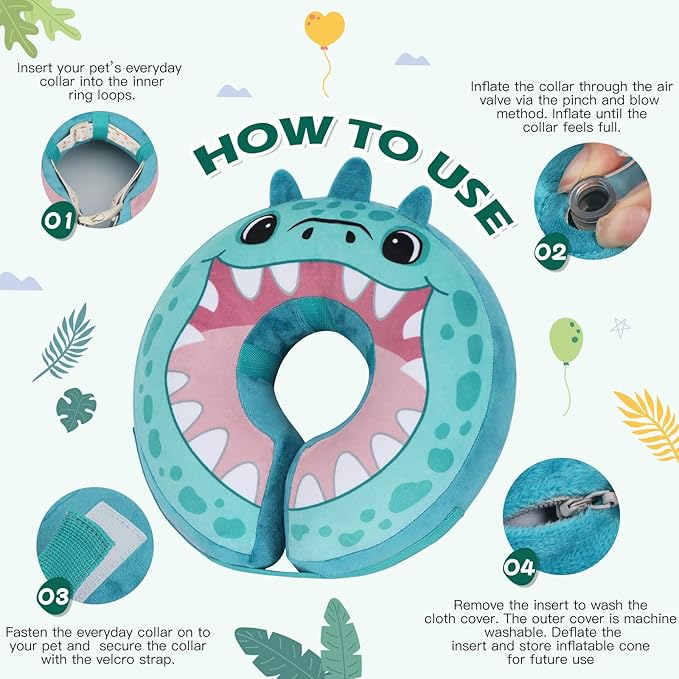 IEUUMLER Inflatable Recovery Dog Collar, Protective Donut Cone, Adjustable Soft Collar for Dog and Cat After Surgery Prevent from Biting & Scratching EU002 - Teal Dinosaur L