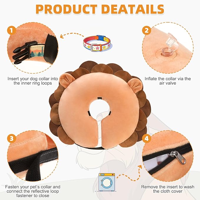 KOOLTAIL Inflatable Dog Cone Collar, Soft Donut E Collar for Dogs After Surgery to Stop Licking Enhanced Alternative, Blow Up Pet Neck Pillow Recovery Adjustable Cone for Dog Cat, Upgrade Size,Lion XL