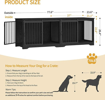 Hzuaneri 78" Dog Crate Furniture for 2 Dogs, Double Dog Cage with Divider, Wooden Heavy Duty Dogs Kennel, Pet Cage with Barn Door, TV Stand for Large Small Medium Pet, Black DFC83704B
