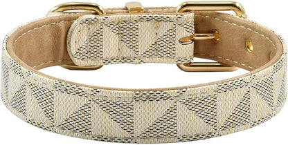 Leather Dog Collar and Leash Set, Check Pattern Dog Collar Leashes Metal Buckle Adjustable Durable for Small Medium Large Dogs (White, S(11.4-13.4IN))