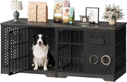 HOOBRO 71" Dog Crate Furniture for 2 Large Dogs, Heavy Duty Indoor Kennel with Removable Divider & Name Tags, TV Stand Cage Furniture for Medium & Large Dogs, Charcoal Gray & Black BC84GW03