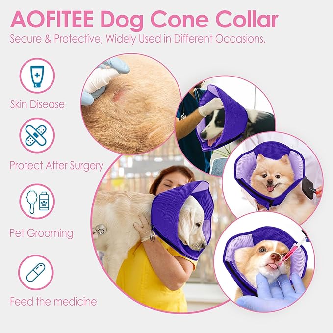 AOFITEE Dog Cone - Soft Dog Cone to Stop Licking, Comfy Cones for Dogs After Surgery, Adjustable Dogs Cones Collar Elizabethan Pet E-Collar for Medium Pets, Pet Recovery Collar, Purple Medium