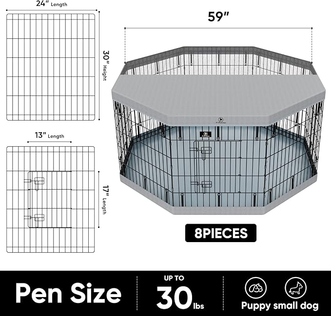 PJYuCien Dog Playpen with Top Cover and Bottom Pad - Metal Foldable Exercise Pen, 8 Panels 30" H x 24" W Indoor Outdoor Pet Fence Puppy Crate Kennel, Gray