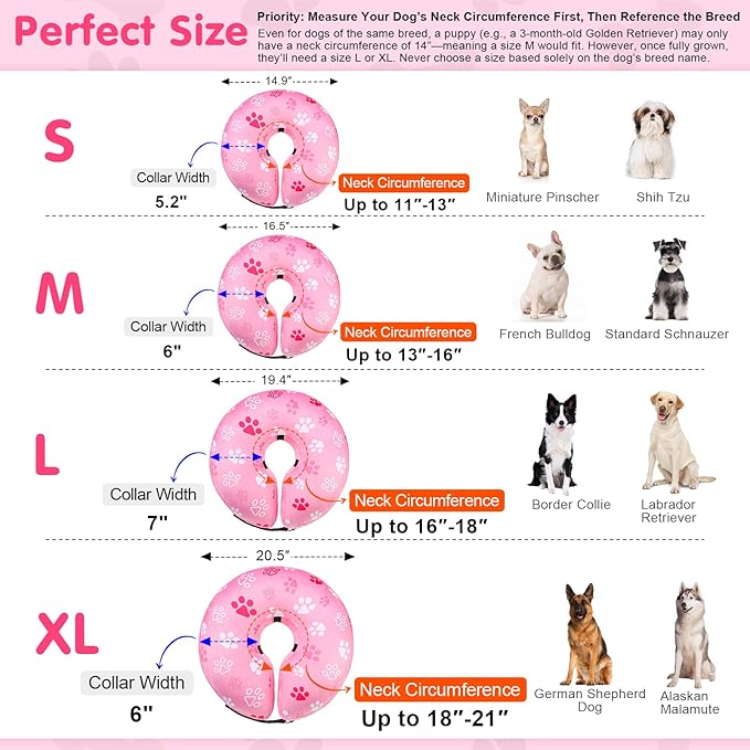 BEAUTYZOO Dog Cone Alternative After Surgery for Large Medium Small Dogs, Soft Inflatable Cone Collar for Dogs Cats, Pet Neck Donut E Collar Dog Recovery Collars to Stop Licking, Paw Pink, M