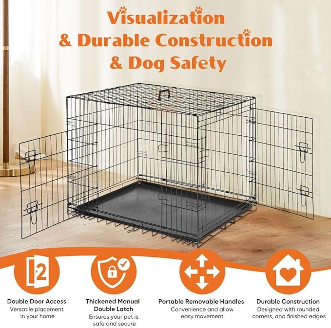Dog Crate Kennel, 42 Inch Metal Pet Cage Double Door W/Divider Panel, Folding Travel Indoor Outdoor Dog Kennel Leak-Proof Plastic Tray Wire Animal Cage