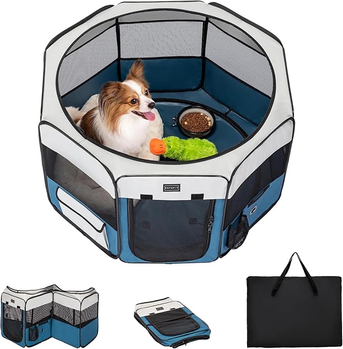 PETSFIT 29" Puppy Playpen with Removable Waterproof Mat & Zippered Roof | RV, Camping, Travel Dog Pen | Indoor/Outdoor Whelping & Cat Observation Space(29.5"x29.5"x16.5"H)