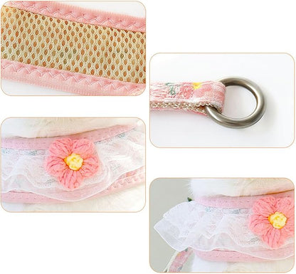 Cat Harness Collar and Leash Set, Sweet Lace Floral Kitten Collar, Escape Proof Puppy Chest Harness, Adjustable Cute Harness Leash Set for Cat Puppy Dog Outdoor Walking (Yellow, S)